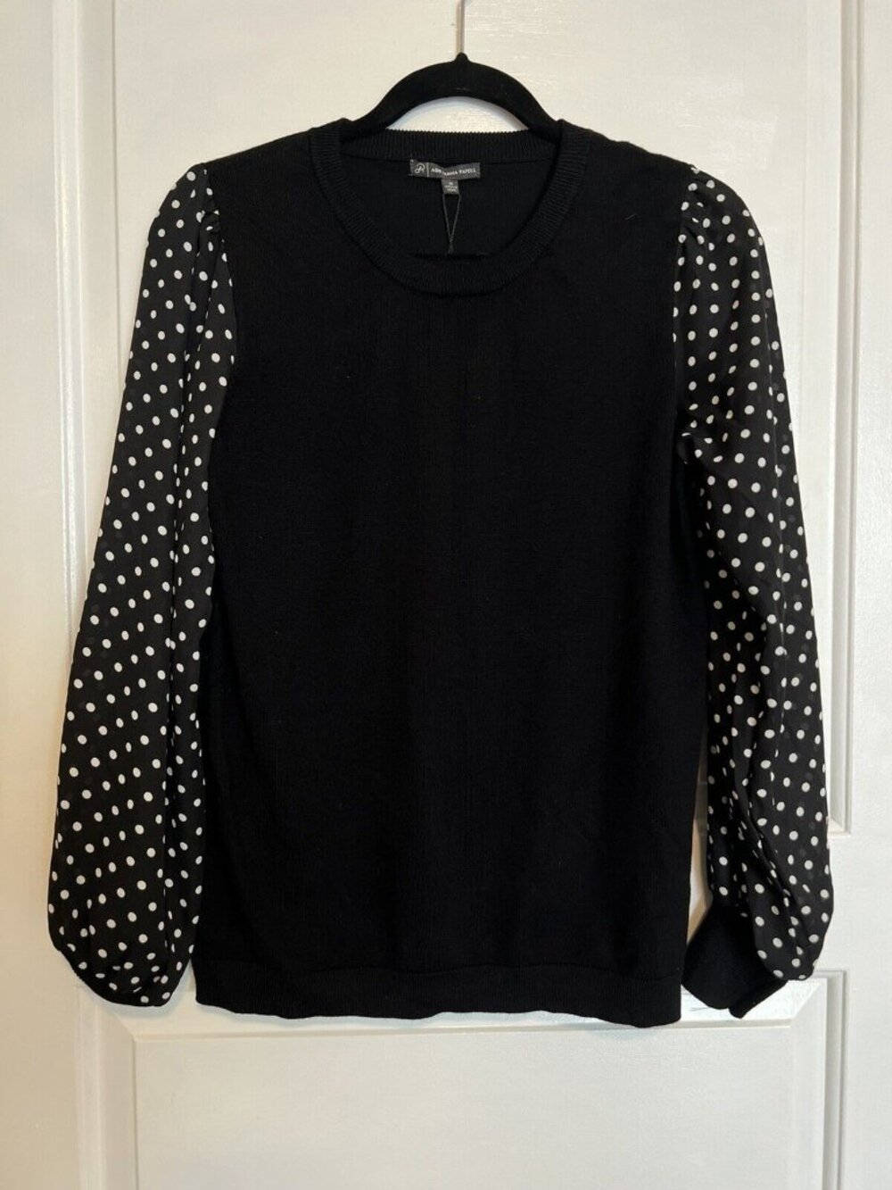 $89 ADRIANNA PAPELL Black Polka Dot Long Sleeve Designer Blouse Top Holiday M